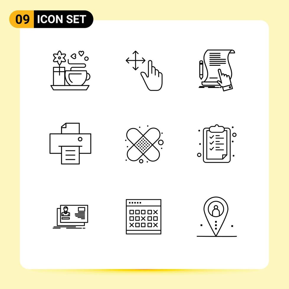 Modern Set of 9 Outlines Pictograph of first aid band aid paper printer device Editable Vector Design Elements