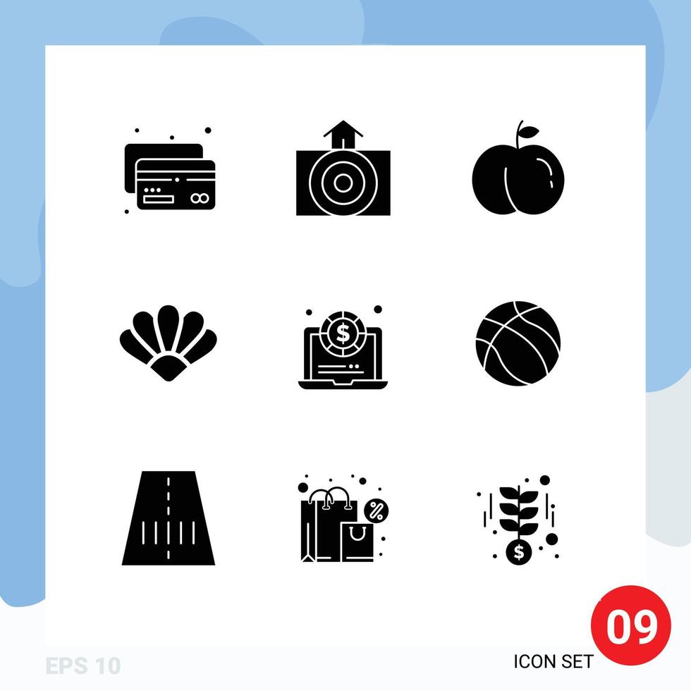 Group of 9 Solid Glyphs Signs and Symbols for basketball money peach laptop crypto currency Editable Vector Design Elements