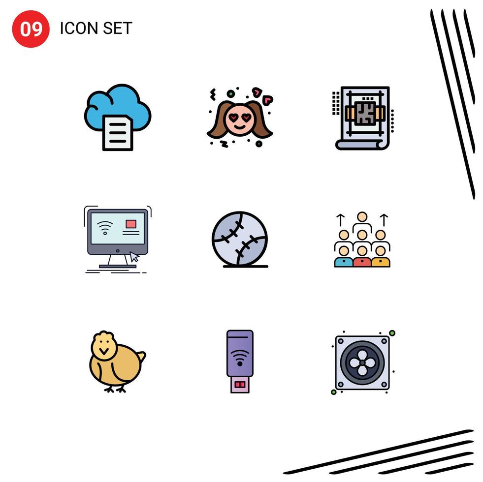 Mobile Interface Filledline Flat Color Set of 9 Pictograms of baseball smart interior remote computer Editable Vector Design Elements