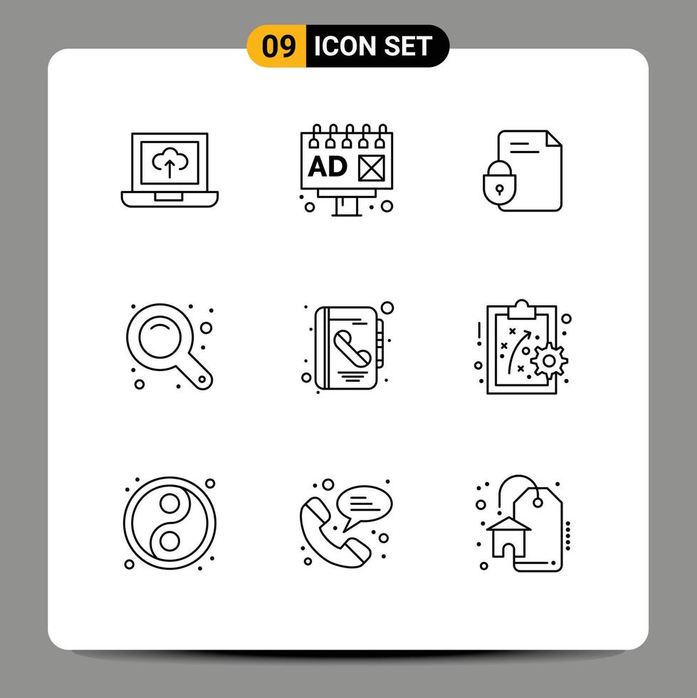 Outline Pack of 9 Universal Symbols of contact address lock zoom tool zoom in Editable Vector Design Elements