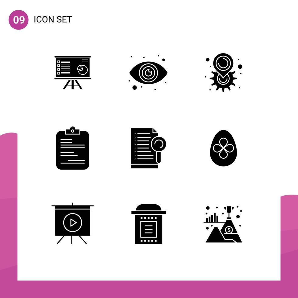 Pack of 9 Modern Solid Glyphs Signs and Symbols for Web Print Media such as checklist medical eyeball report map Editable Vector Design Elements