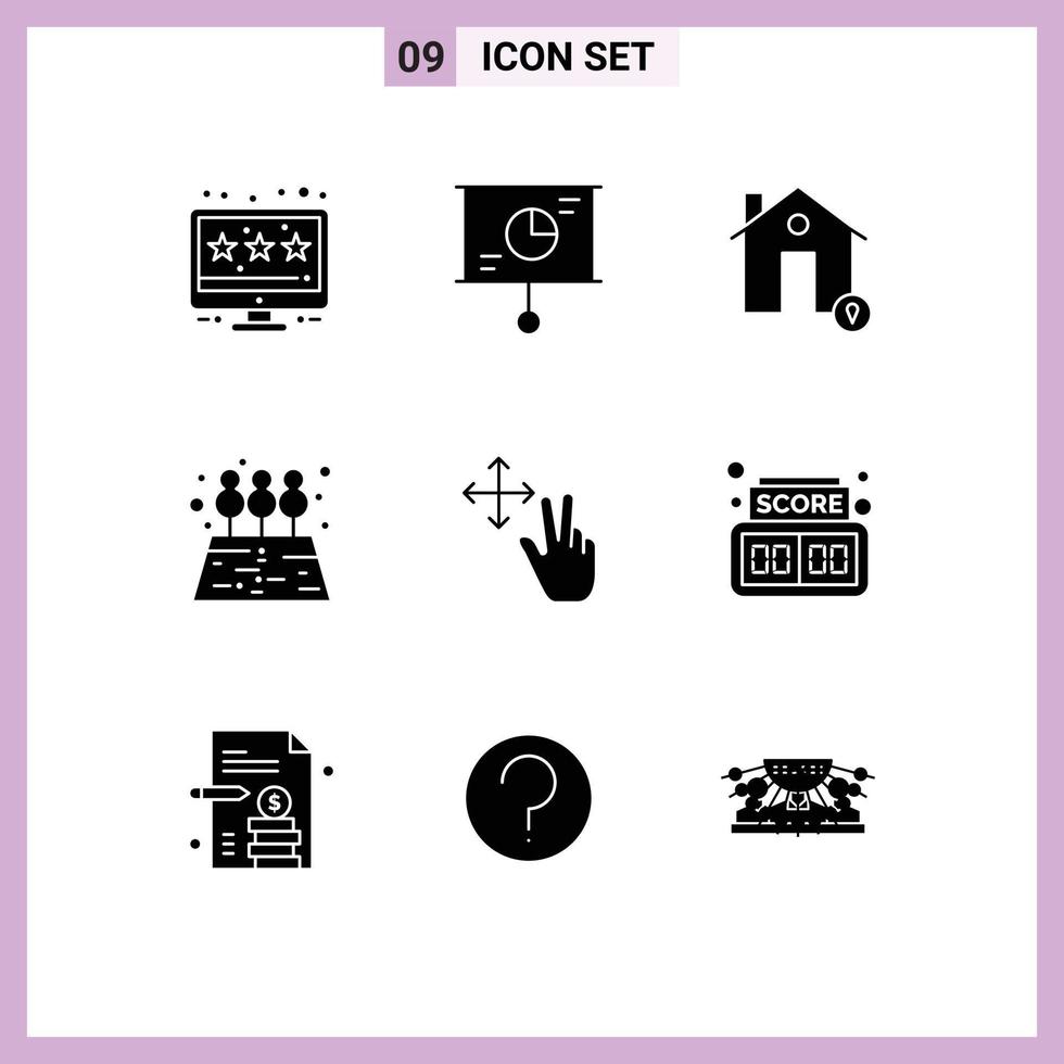 9 User Interface Solid Glyph Pack of modern Signs and Symbols of hold finger estate tree agriculture Editable Vector Design Elements