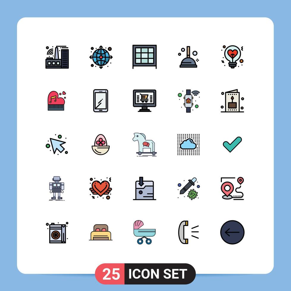 Modern Set of 25 Filled line Flat Colors Pictograph of idea heart cabinet bulb plunger Editable Vector Design Elements