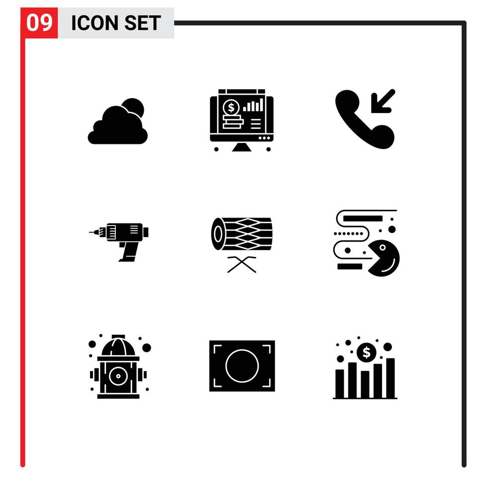 Set of 9 Vector Solid Glyphs on Grid for instrument electronics answer cordless power Editable Vector Design Elements