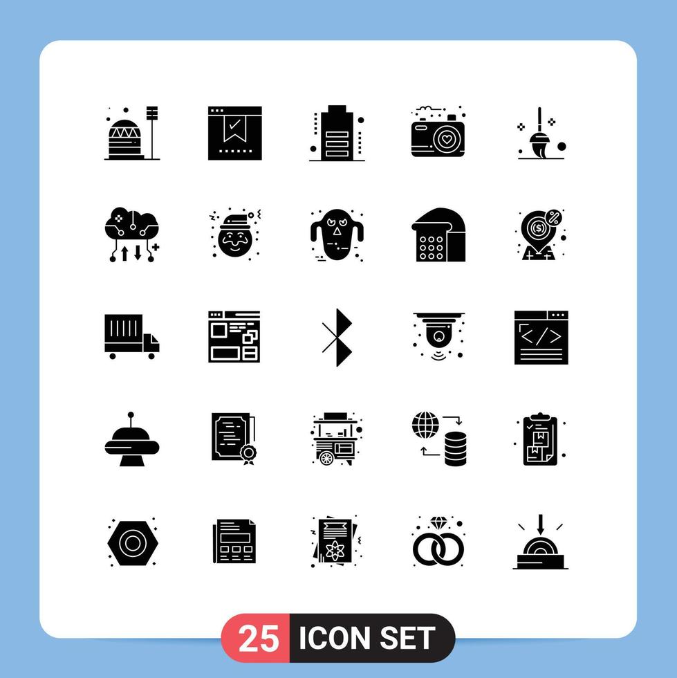 Pack of 25 Modern Solid Glyphs Signs and Symbols for Web Print Media such as bucket love office image devices Editable Vector Design Elements