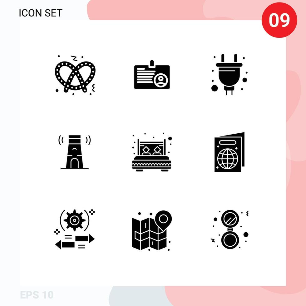 Set of 9 Commercial Solid Glyphs pack for interior bed plug tower building Editable Vector Design Elements
