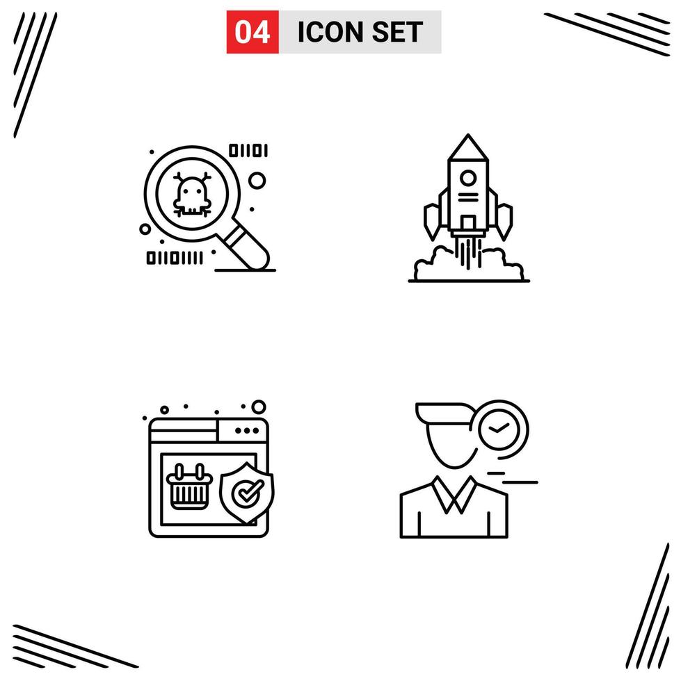 Mobile Interface Line Set of 4 Pictograms of spy ware shopping startup quality clock Editable Vector Design Elements