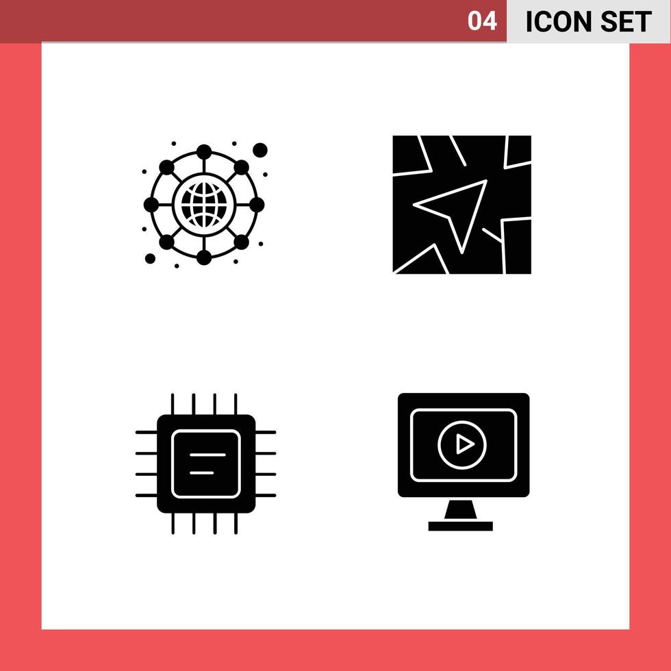 Mobile Interface Solid Glyph Set of 4 Pictograms of connection monitor gps cpu play Editable Vector Design Elements