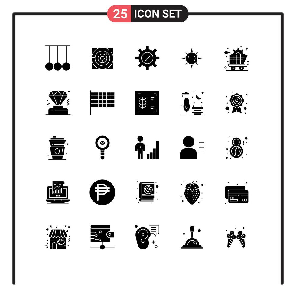 Pack of 25 creative Solid Glyphs of shopping art pattern light sun Editable Vector Design Elements
