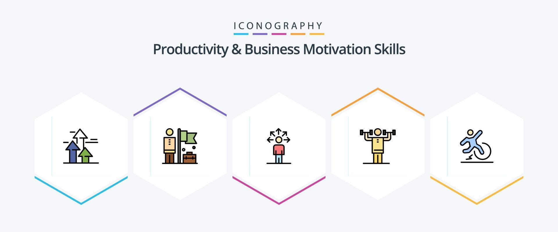 Productivity And Business Motivation Skills 25 FilledLine icon pack including strength. human. flag. discipline. human vector