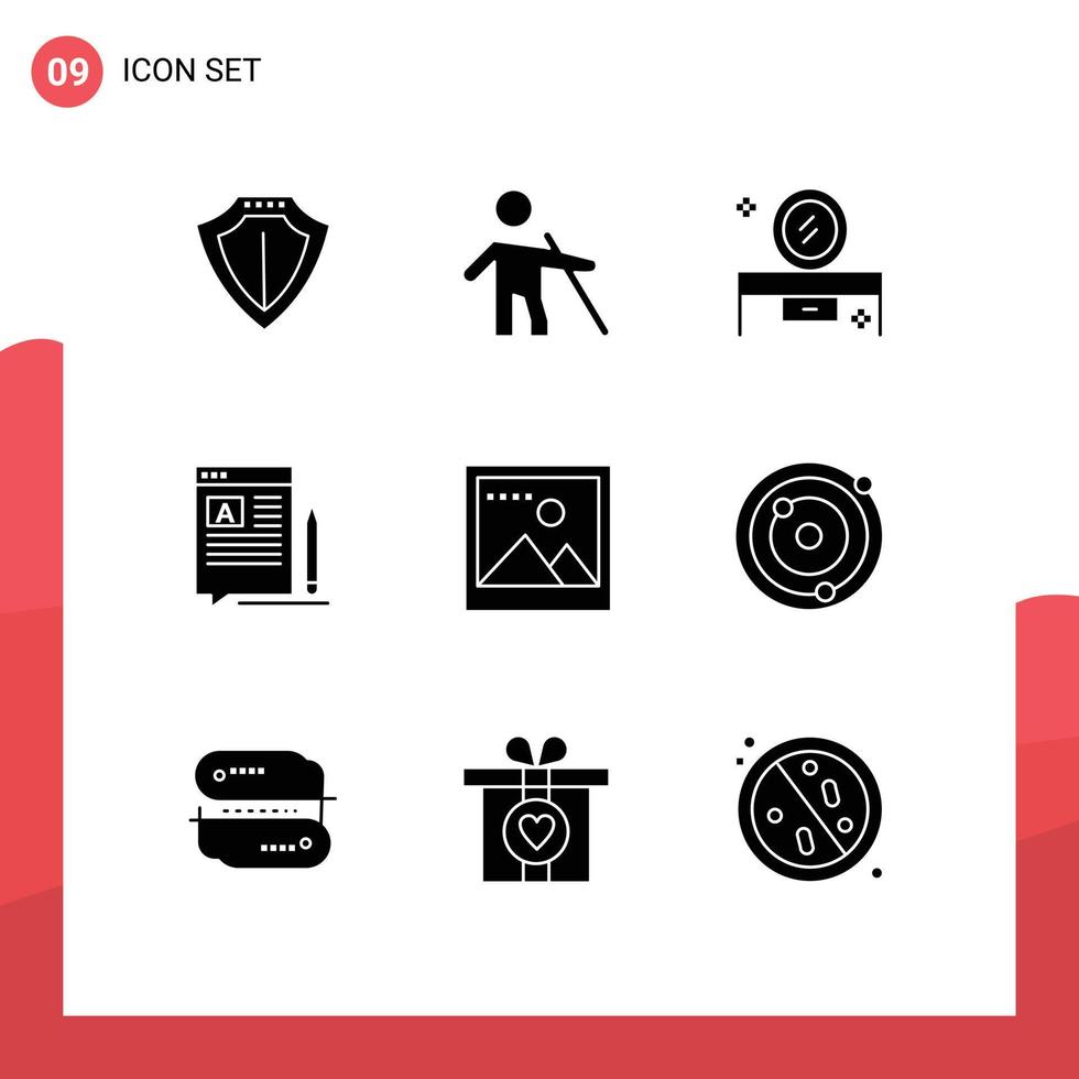 9 Thematic Vector Solid Glyphs and Editable Symbols of web edit beauty salon mirror write mirror table Editable Vector Design Elements