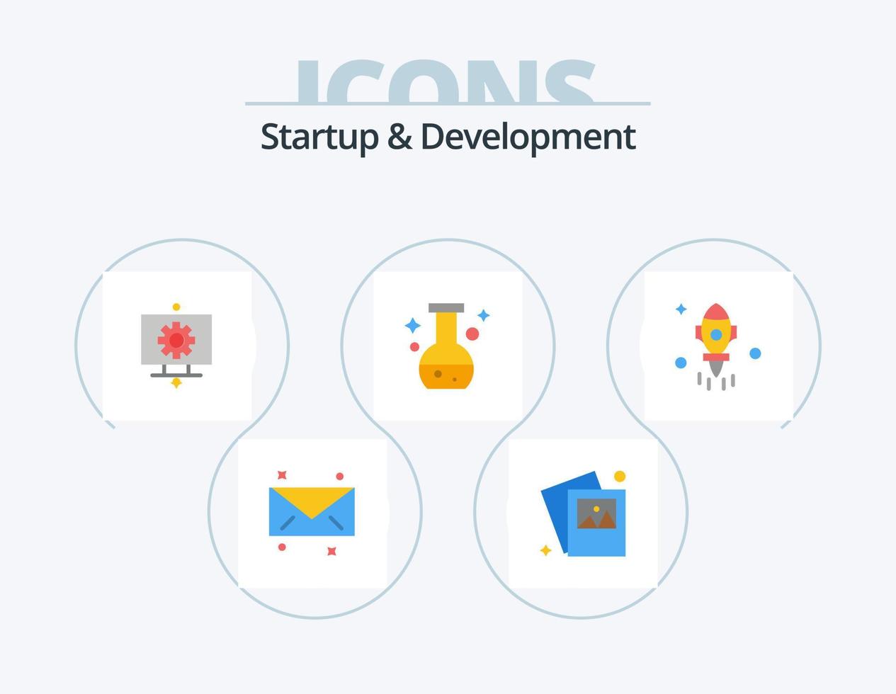 Startup And Develepment Flat Icon Pack 5 Icon Design. fly. rocket. setting. astronomy. lab vector