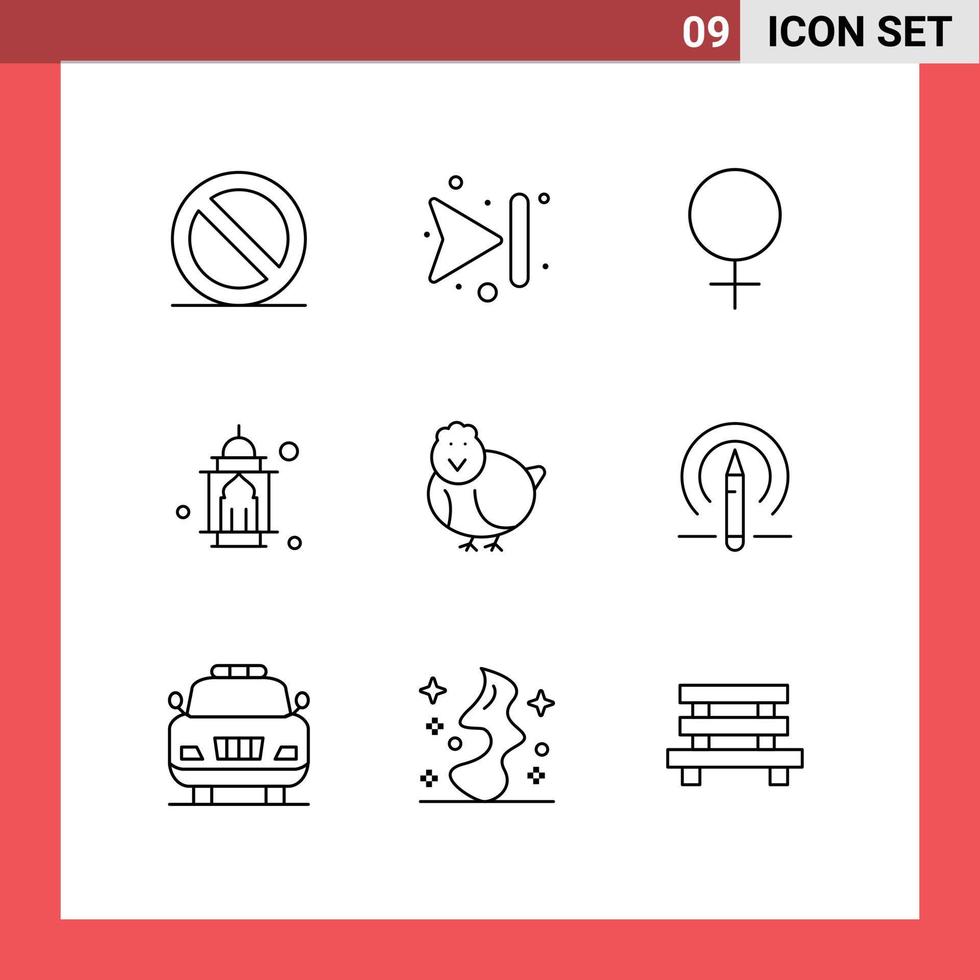Pack of 9 Modern Outlines Signs and Symbols for Web Print Media such as happy easter sign chicken moon Editable Vector Design Elements