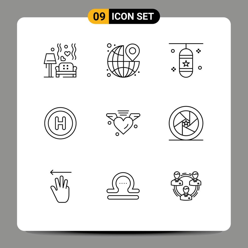 Editable Vector Line Pack of 9 Simple Outlines of sign medical the sports punching box Editable Vector Design Elements