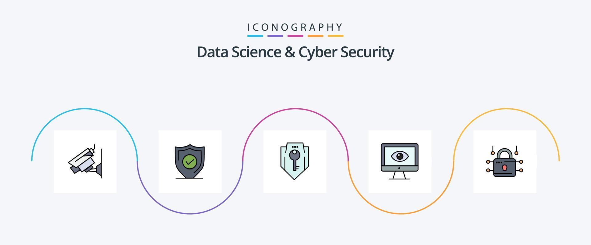 Data Science And Cyber Security Line Filled Flat 5 Icon Pack Including video. privacy. access. online. shield vector