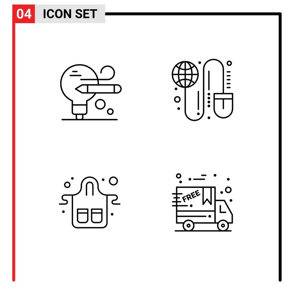 Mobile Interface Line Set of 4 Pictograms of bulb food global mouse kitchen Editable Vector Design Elements