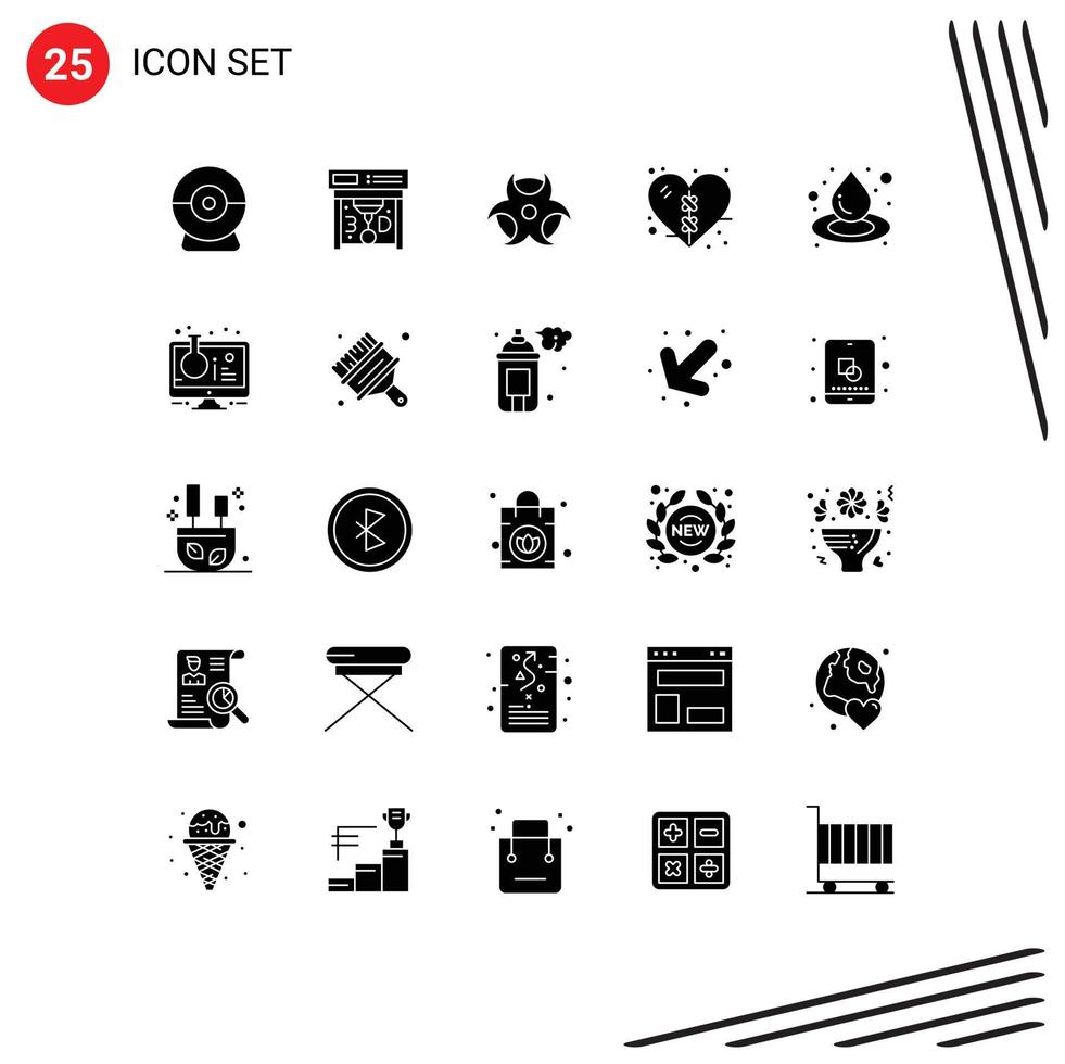 Modern Set of 25 Solid Glyphs and symbols such as online experiment water science liquid heart Editable Vector Design Elements