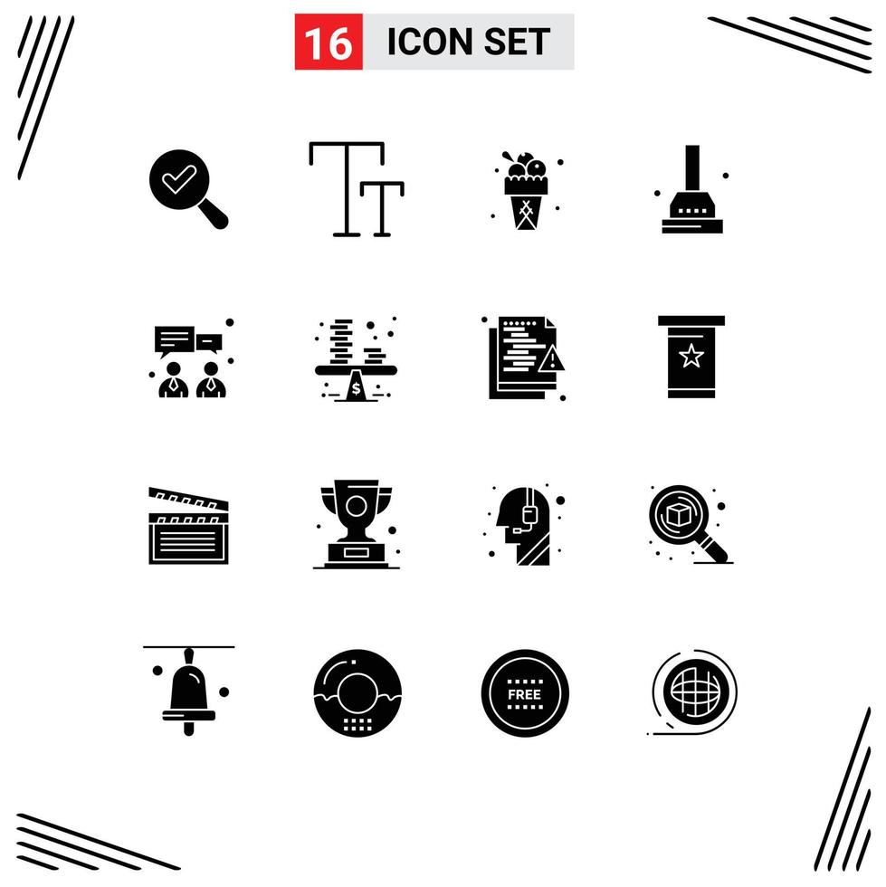 Set of 16 Vector Solid Glyphs on Grid for business finance sweet chat bathroom Editable Vector Design Elements