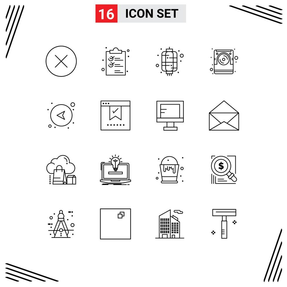 Outline Pack of 16 Universal Symbols of direction electronic chinese disk computer Editable Vector Design Elements