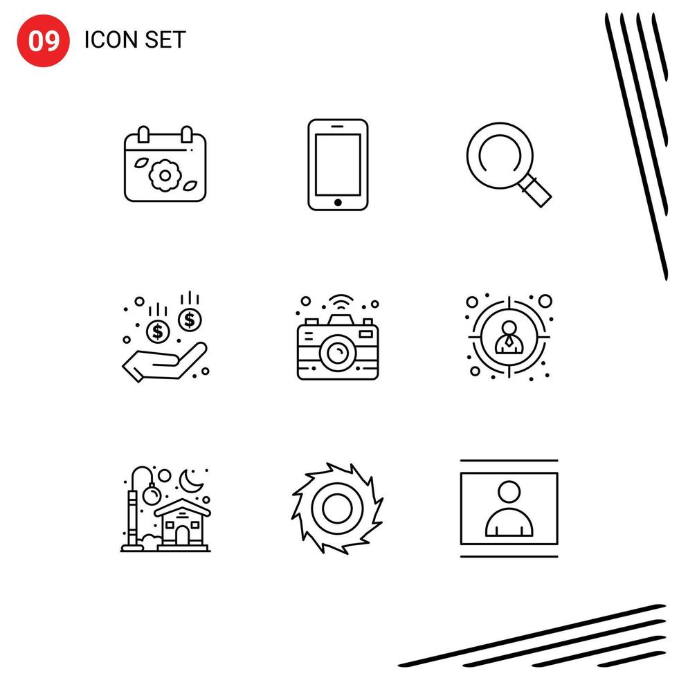 Universal Icon Symbols Group of 9 Modern Outlines of seo connectivity general camera safe Editable Vector Design Elements