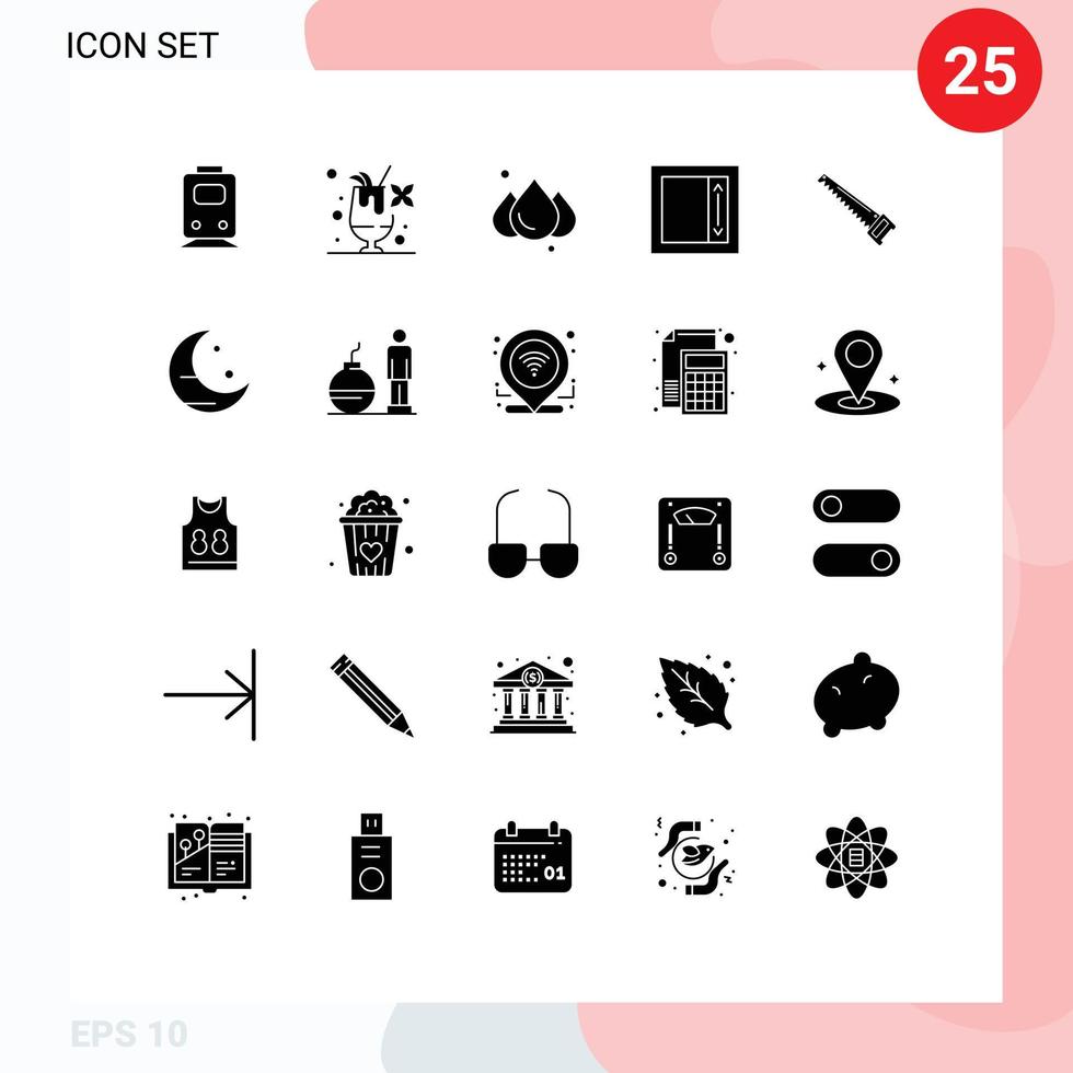 Modern Set of 25 Solid Glyphs Pictograph of construction hand rain saw i frame Editable Vector Design Elements