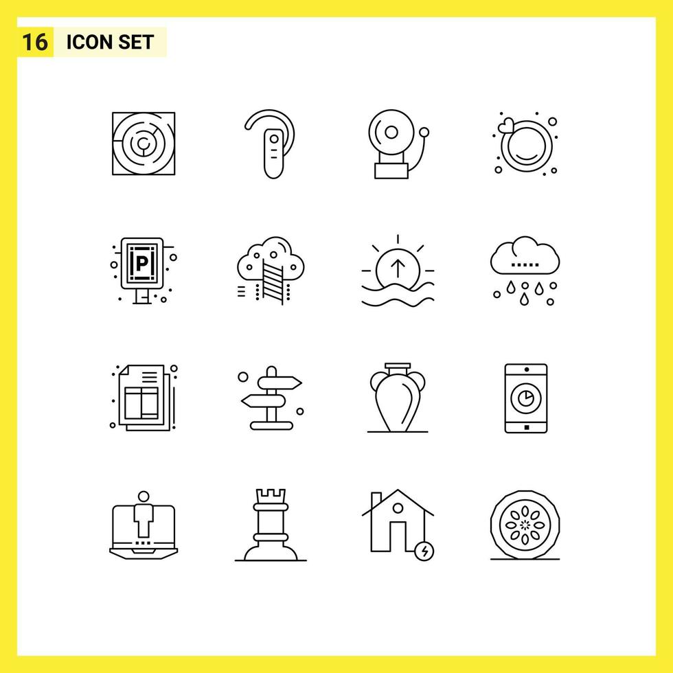 User Interface Pack of 16 Basic Outlines of parking wedding headphone ring school Editable Vector Design Elements