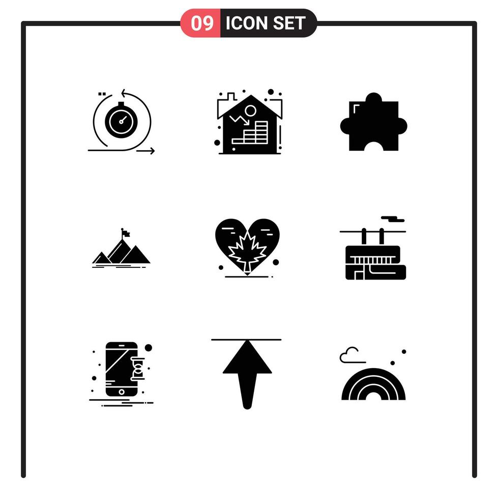 9 Universal Solid Glyph Signs Symbols of love flag asset peak success Editable Vector Design Elements