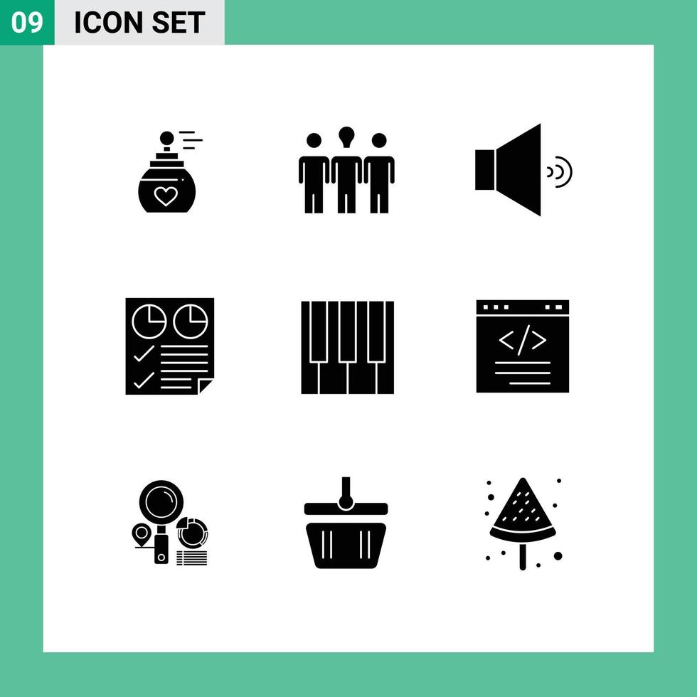 Group of 9 Solid Glyphs Signs and Symbols for keyboard two sound report document Editable Vector Design Elements