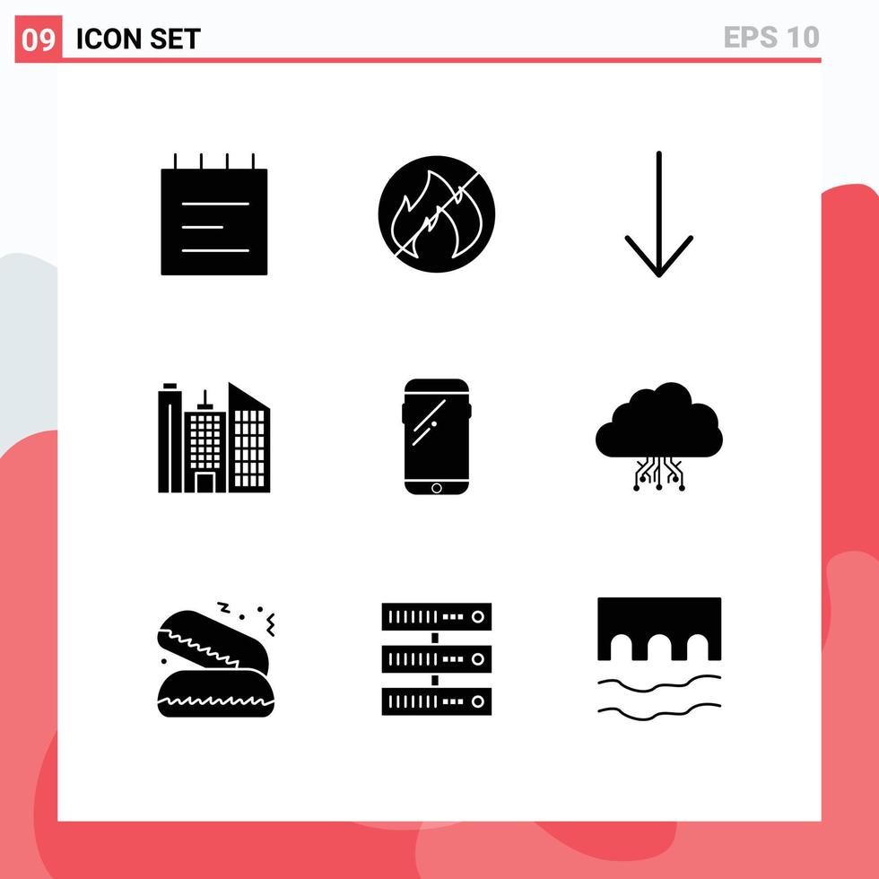 Group of 9 Modern Solid Glyphs Set for computing samsung building huawei smart phone Editable Vector Design Elements