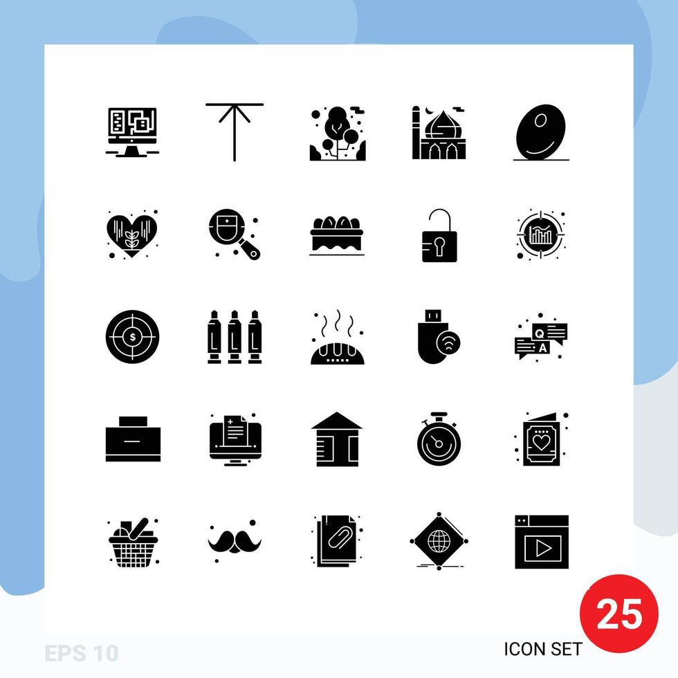 Group of 25 Solid Glyphs Signs and Symbols for vegetable food tree pray islam Editable Vector Design Elements