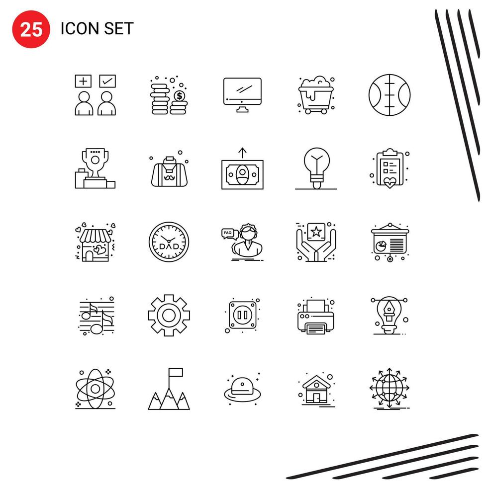 Stock Vector Icon Pack of 25 Line Signs and Symbols for baseball trash currency pollution imac Editable Vector Design Elements