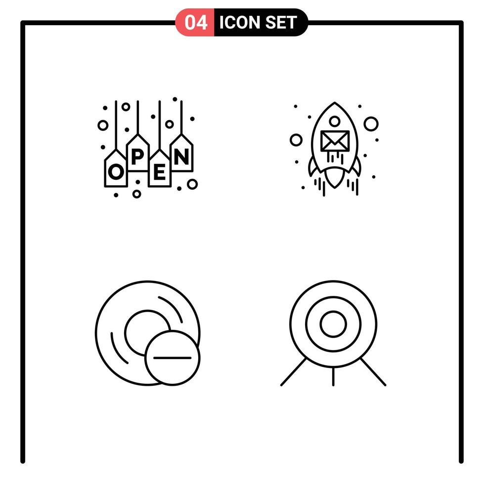 4 Universal Line Signs Symbols of open computers tag envelope disc Editable Vector Design Elements