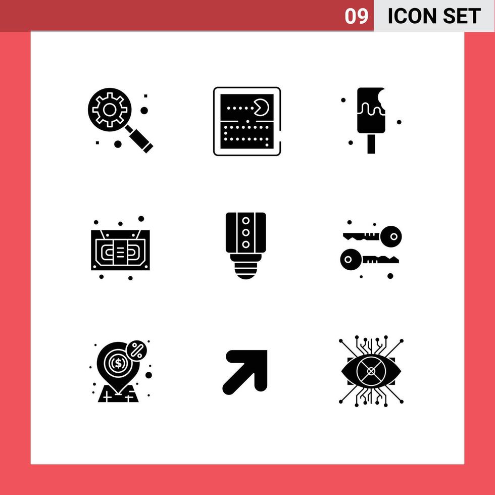 9 Universal Solid Glyph Signs Symbols of light lamp food recorder cassette Editable Vector Design Elements