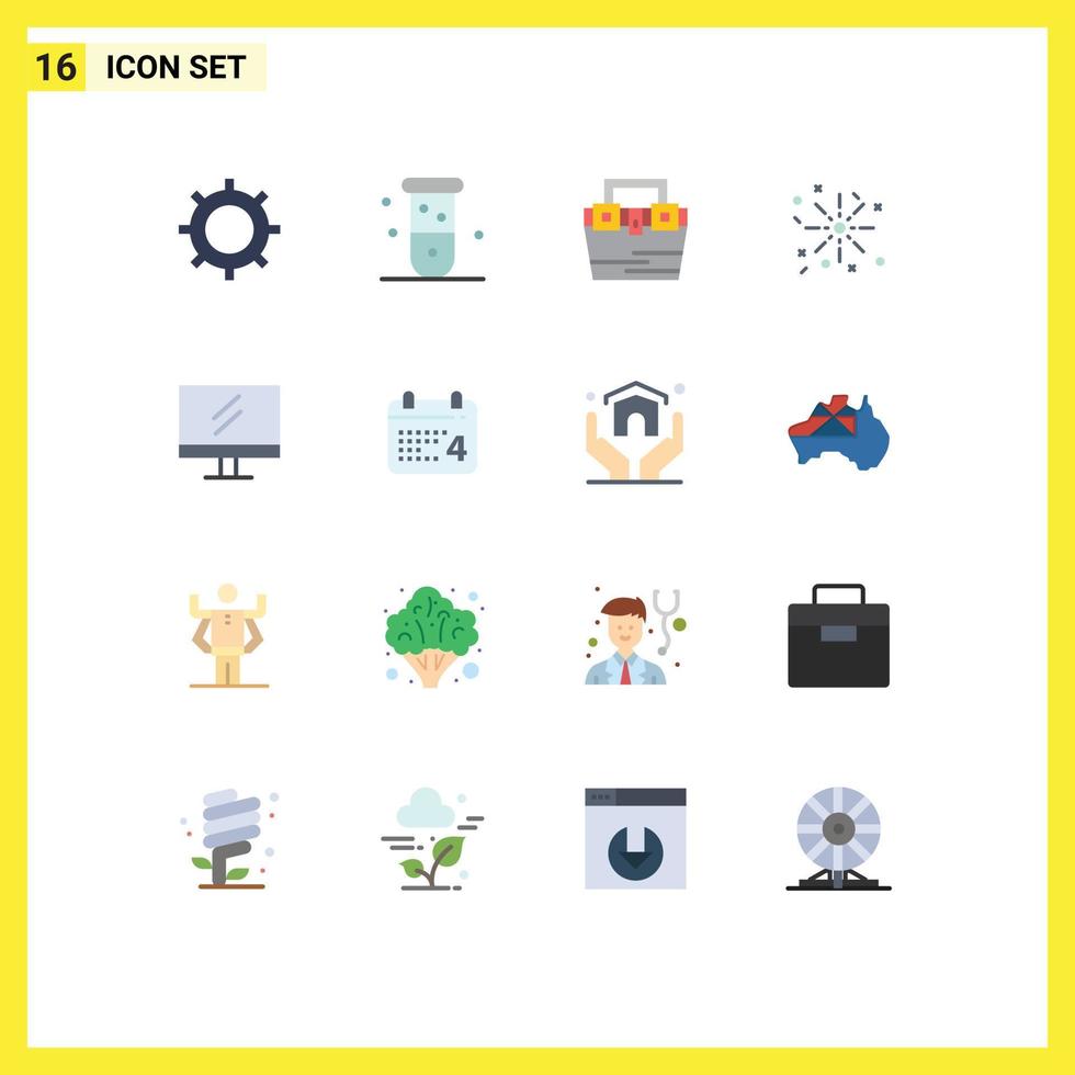 Pack of 16 Modern Flat Colors Signs and Symbols for Web Print Media such as monitor holiday laboratory fire material Editable Pack of Creative Vector Design Elements