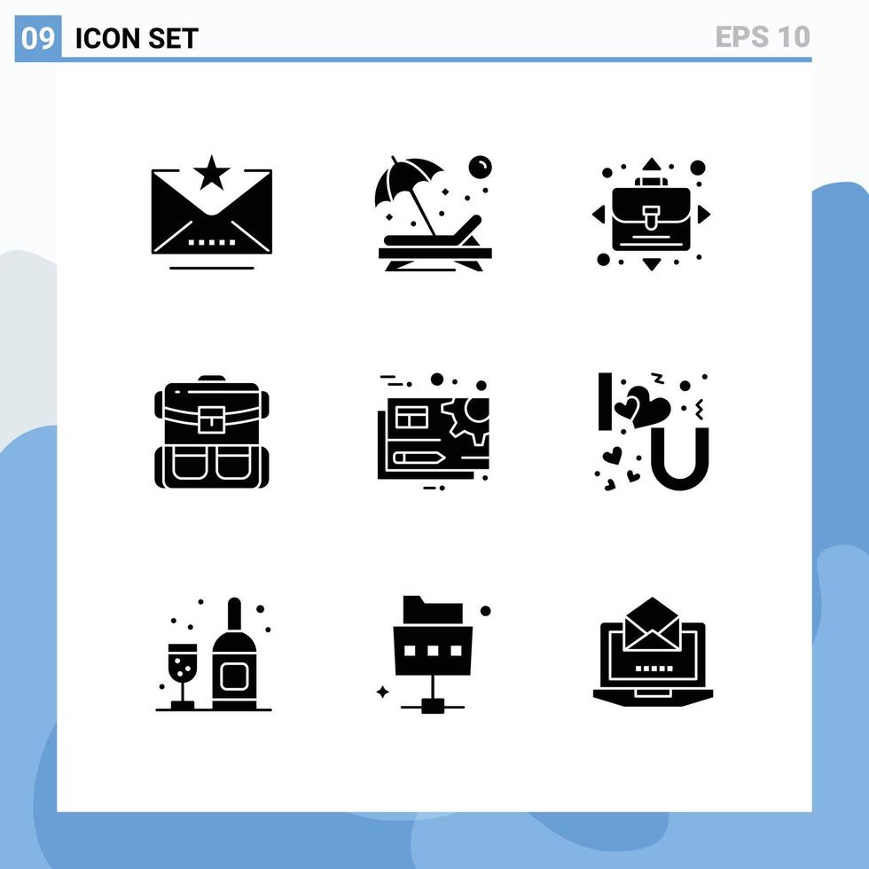 Group of 9 Modern Solid Glyphs Set for document luggage sunbathe bag travel Editable Vector Design Elements