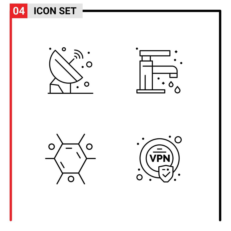 Group of 4 Modern Filledline Flat Colors Set for satellite biology signal faucet science Editable Vector Design Elements