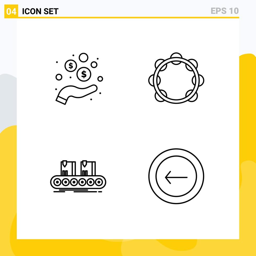 Set of 4 Modern UI Icons Symbols Signs for hand belt coins music conveyor Editable Vector Design Elements