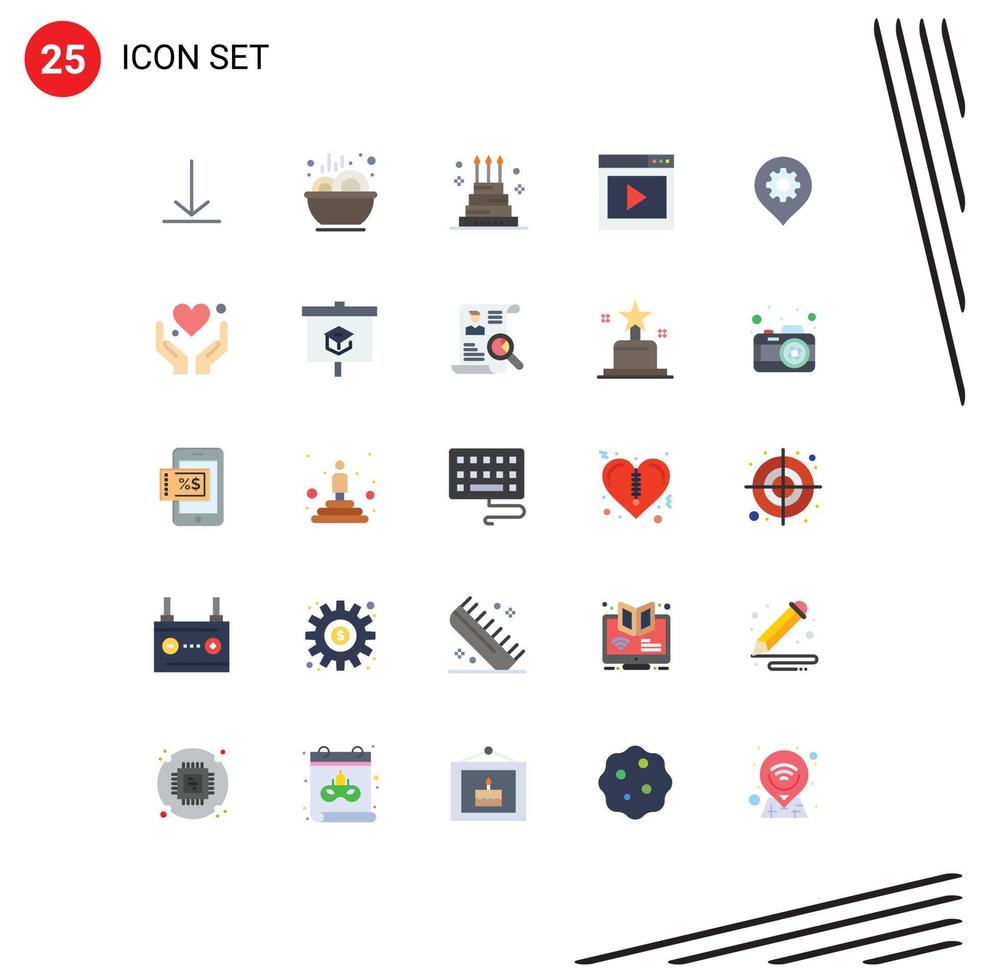Pictogram Set of 25 Simple Flat Colors of gear media page celebration media interface Editable Vector Design Elements