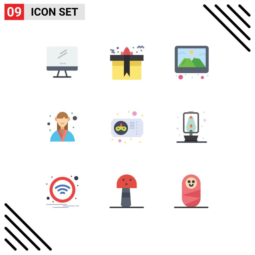 Mobile Interface Flat Color Set of 9 Pictograms of organizer event present designer picture Editable Vector Design Elements