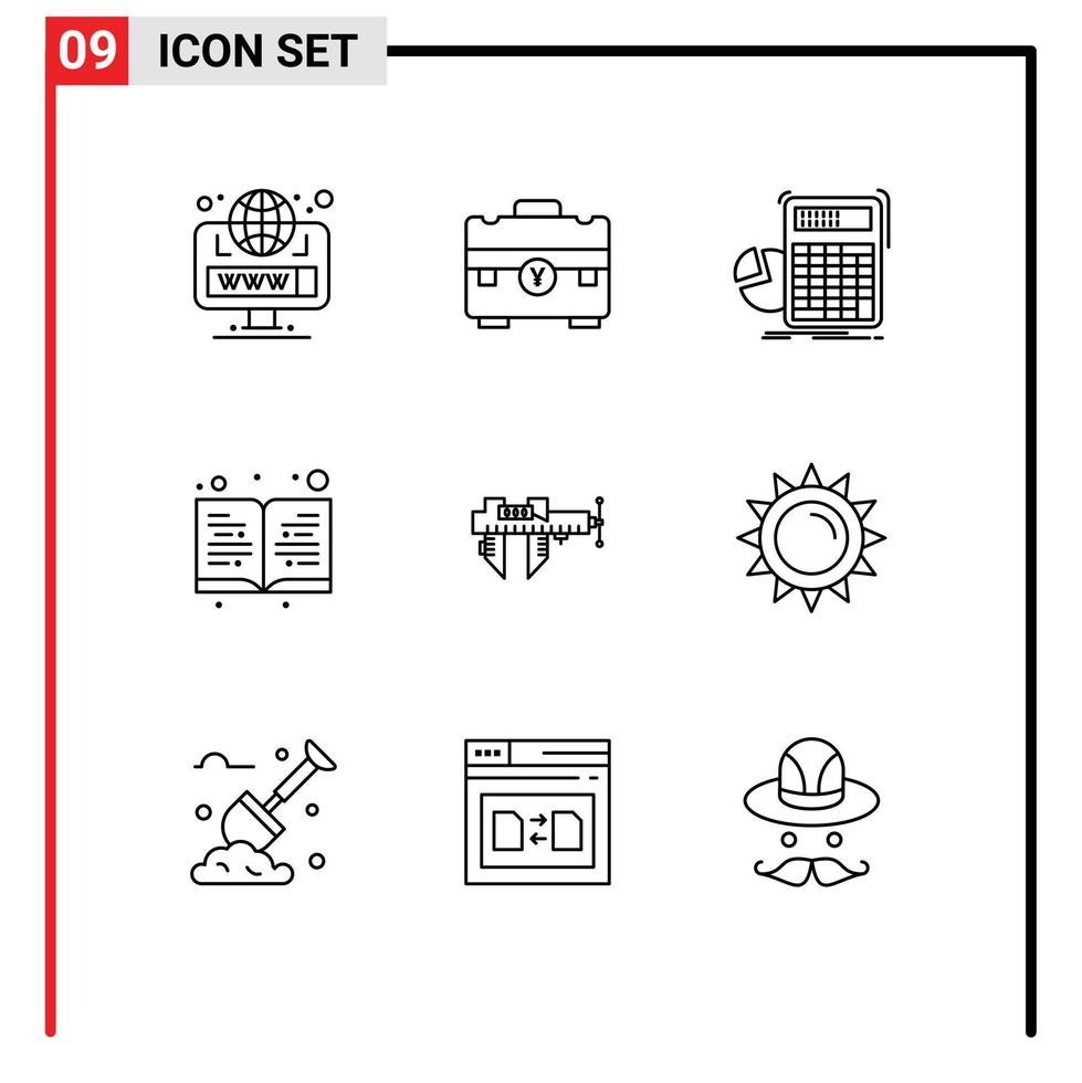 Pack of 9 creative Outlines of calipers education portfolio book progress Editable Vector Design Elements