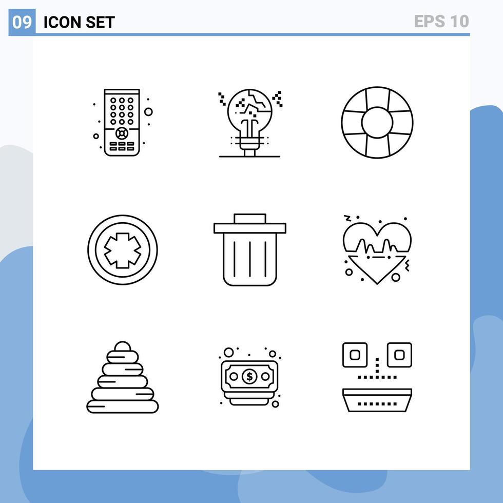 Set of 9 Vector Outlines on Grid for line beat help recycling bin sign Editable Vector Design Elements