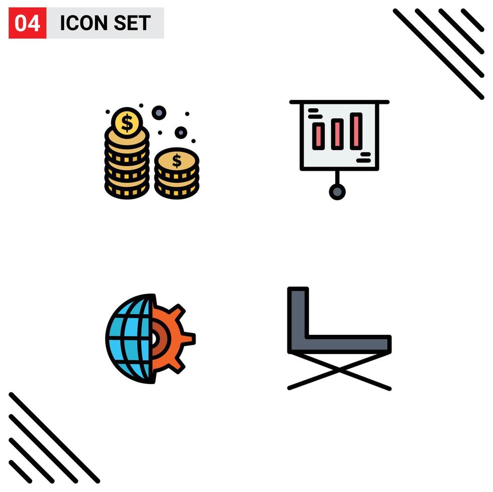 línea de relleno plano color paquete de 4 4 universal símbolos de monedas engranaje efectivo márketing ajuste editable vector diseño elementos