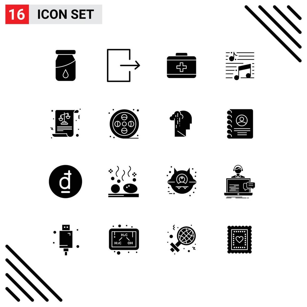 Editable Vector Line Pack of 16 Simple Solid Glyphs of laws equality care balance song Editable Vector Design Elements