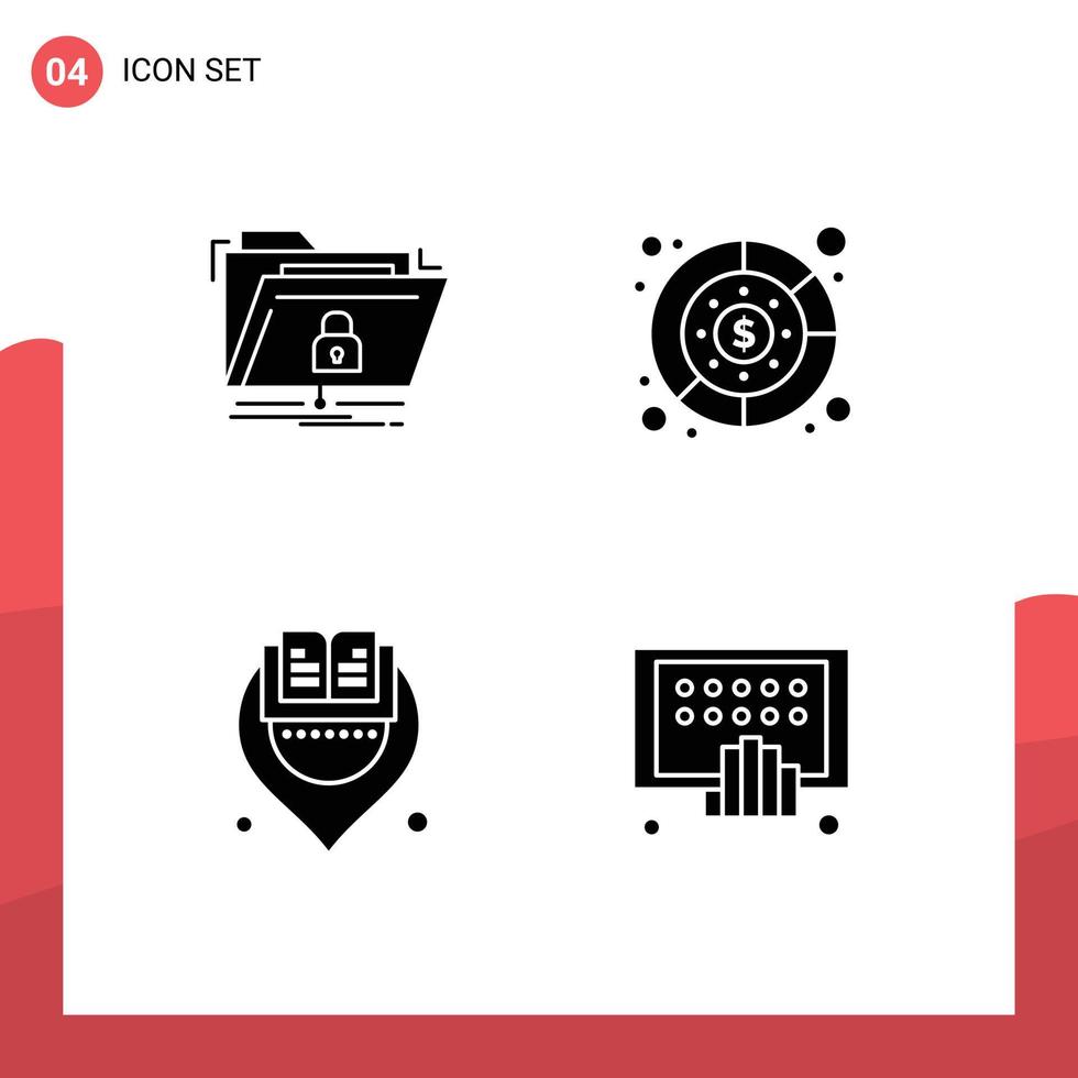 Set of 4 Commercial Solid Glyphs pack for encryption book network graph location Editable Vector Design Elements