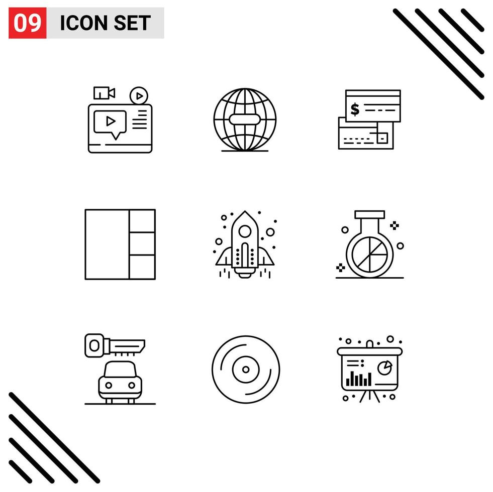9 User Interface Outline Pack of modern Signs and Symbols of spaceship layout internet grid debit Editable Vector Design Elements