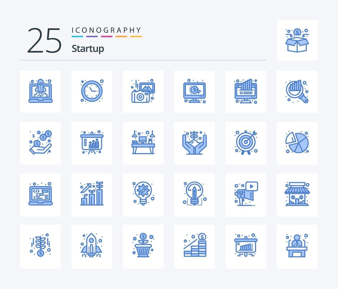 Startup 25 Blue Color icon pack including chart. ppc. images. per. click vector