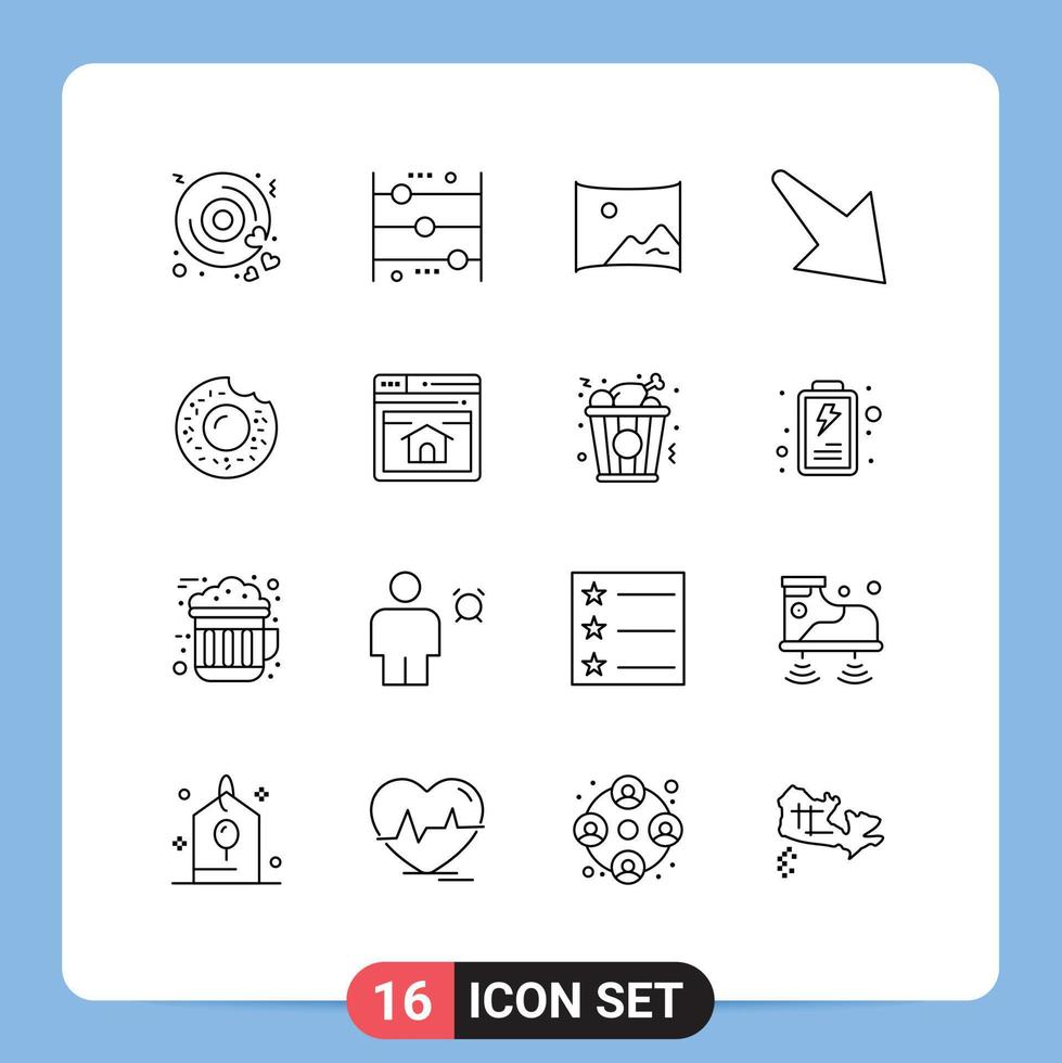 User Interface Pack of 16 Basic Outlines of food right learning down panorama Editable Vector Design Elements