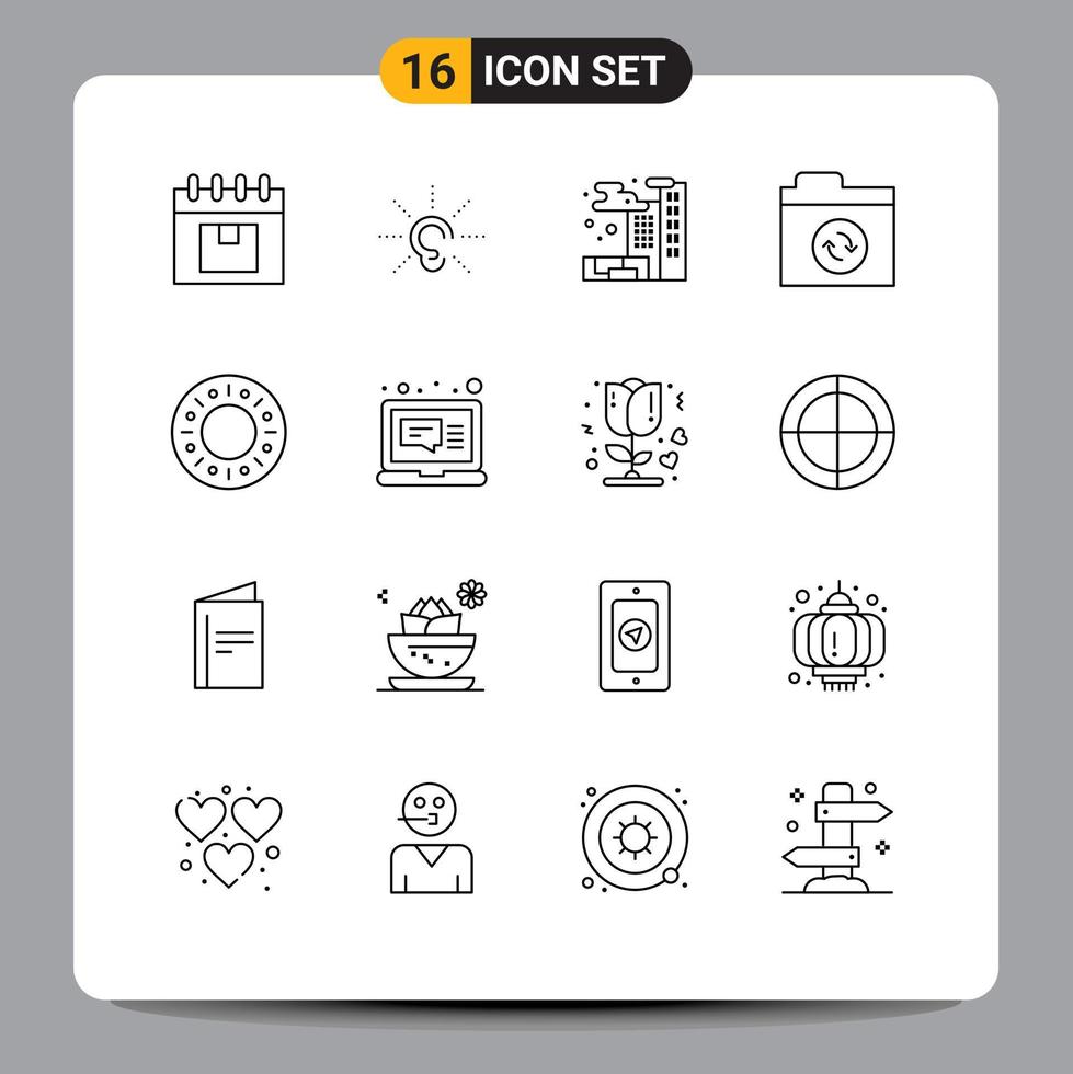 Modern Set of 16 Outlines Pictograph of doughnut sync hearing folder pollution Editable Vector Design Elements