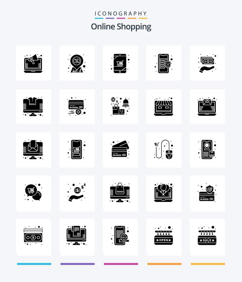 Creative Online Shopping 25 Glyph Solid Black icon pack  Such As cash. mobile. cart. mall. vector