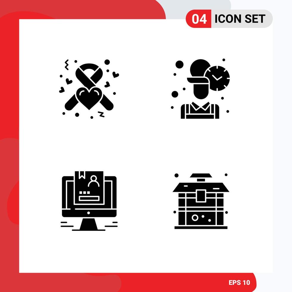 Pack of 4 Modern Solid Glyphs Signs and Symbols for Web Print Media such as donation profile ribbon time computer Editable Vector Design Elements